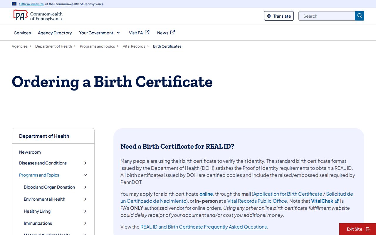 North Huntingdon Township resident lookup birth certificate ordering information