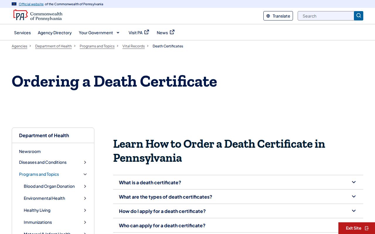 North Huntingdon Township resident lookup death certificate ordering information